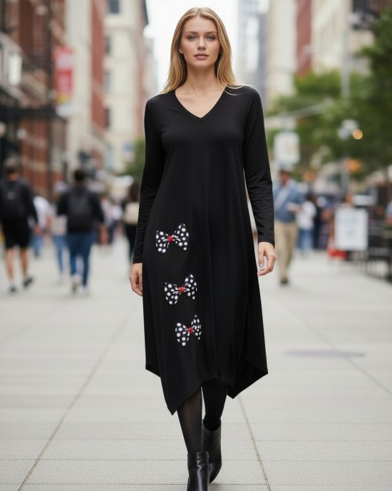 Μίντι φόρεμα, μακρύ μανίκι, V  λαιμόκοψη, μικρά πλαϊνά ανοίγματα στο τελείωμα, μήκος 115εκ. από ώμο , Βαμβάκι95% ελαστάν 5%, με σχέδιο Πουά Φιόγκοι 