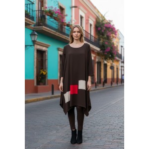 Φόρεμα midi ασύμμετρο, με ανοίγματα στο πλάι, με λαιμόκοψη στρόγγυλη, με μακρύ μανίκι, μήκος 112εκ από ώμο, Βαμβάκι 95% με ελασταν 5% με σχέδιο τα τετραγωνάκια 