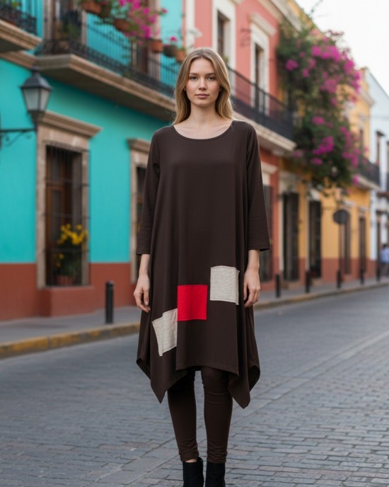 Φόρεμα midi ασύμμετρο, με ανοίγματα στο πλάι, με λαιμόκοψη στρόγγυλη, με μακρύ μανίκι, μήκος 112εκ από ώμο, Βαμβάκι 95% με ελασταν 5% με σχέδιο τα τετραγωνάκια 