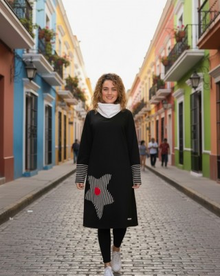 Κοντό Φόρεμα , με λαιμό, μακρύ μανίκι, βαμβάκι ελαστάν, μήκος 90εκ., με σχέδιο  Ριγέ Λουλούδι