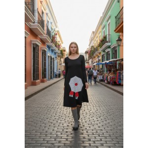 Φόρεμα midi, σε άλφα γραμμή, στρόγγυλη λαιμόκοψη, με μακρύ μανίκι, μήκος 110εκ από ώμο,  Βαμβάκι 95% με ελασταν 5%, με σχέδιο την ομπρέλλα