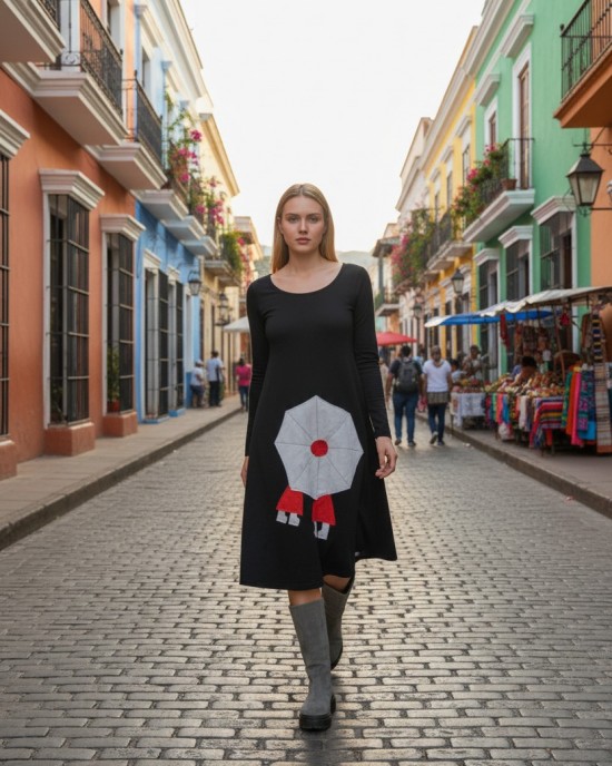 Φόρεμα midi, σε άλφα γραμμή, στρόγγυλη λαιμόκοψη, με μακρύ μανίκι, μήκος 110εκ από ώμο,  Βαμβάκι 95% με ελασταν 5%, με σχέδιο την ομπρέλλα