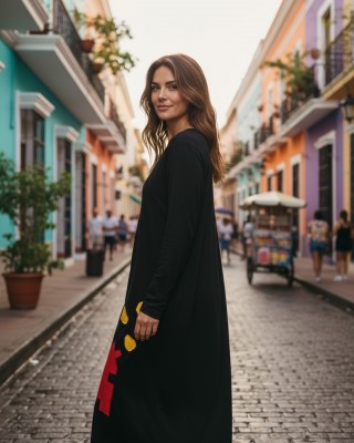 Φόρεμα μακρύ, μανίκι μακρύ, με V λαιμόκοψη, βαμβάκι95% ελαστάν 5%, χειροποίητη δημιρουργία με αγάπη "Χειμερινές Διαδρομές"