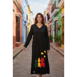 Φόρεμα μακρύ, μανίκι μακρύ, με V λαιμόκοψη, βαμβάκι95% ελαστάν 5%, χειροποίητη δημιρουργία με αγάπη "Χειμερινές Διαδρομές"