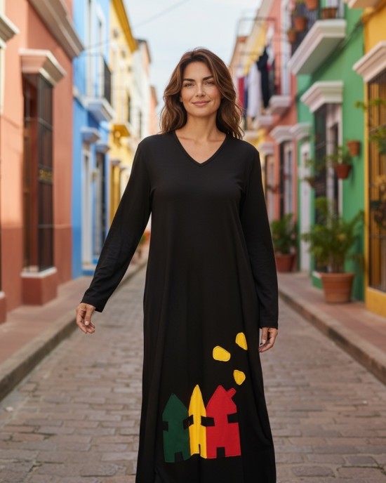 Φόρεμα μακρύ, μανίκι μακρύ, με V λαιμόκοψη, βαμβάκι95% ελαστάν 5%, χειροποίητη δημιρουργία με αγάπη "Χειμερινές Διαδρομές"