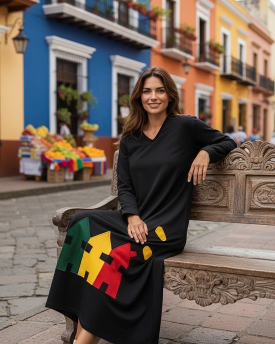 Φόρεμα μακρύ, μανίκι μακρύ, με V λαιμόκοψη, βαμβάκι95% ελαστάν 5%, χειροποίητη δημιρουργία με αγάπη "Χειμερινές Διαδρομές"