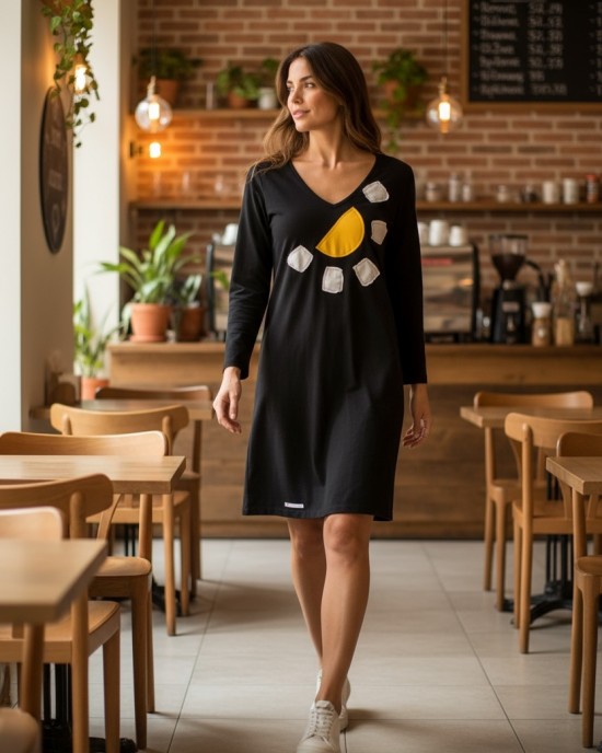 Κοντό Φόρεμα, με v λαιμόκοψη, μακρύ μανίκι, βαμβάκι ελαστάν, μήκος 85εκ., με σχέδιο "μισή μαργαρίτα"