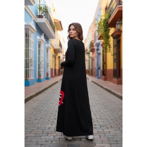 Μακρύ Φόρεμα,  μακρύ μανίκι, βαμβάκι95% ελαστάν ,με στρόγγυλη λαιμόκοψη, μήκος 137εκ., με σχέδιο Μελωδία