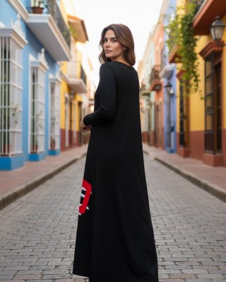 Μακρύ Φόρεμα,  μακρύ μανίκι, βαμβάκι95% ελαστάν ,με στρόγγυλη λαιμόκοψη, μήκος 137εκ., με σχέδιο Μελωδία