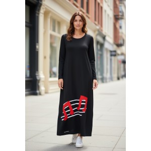 Μακρύ Φόρεμα,  μακρύ μανίκι, βαμβάκι95% ελαστάν ,με στρόγγυλη λαιμόκοψη, μήκος 137εκ., με σχέδιο Μελωδία