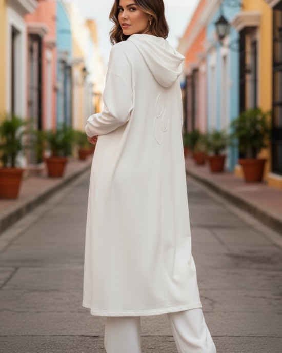 Μακρύ Λευκό Πανωφόρι, μήκος 120εκ. Χειροποίητο με αγάπη,  με Κουκούλα, Άνετο ζεστό, Φούτερ με χνούδι, με φερμουάρ και  τσέπες, Υπέροχο 