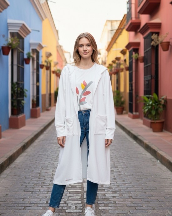 Μακρύ Λευκό Πανωφόρι, μήκος 120εκ. Χειροποίητο με αγάπη,  με Κουκούλα, Άνετο ζεστό, Φούτερ με χνούδι, με φερμουάρ και  τσέπες, Υπέροχο 