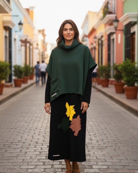 Φόρεμα μακρύ V λαιμόκοψη Χειροποίητο βαμβακερό 95% Ελαστάν 5% Πολύχρωμα Πλατανόφυλλα με Μακρύ Μανίκι 