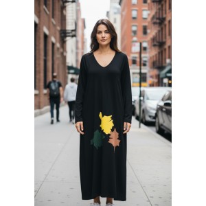 Φόρεμα μακρύ V λαιμόκοψη Χειροποίητο βαμβακερό 95% Ελαστάν 5% Πολύχρωμα Πλατανόφυλλα με Μακρύ Μανίκι 