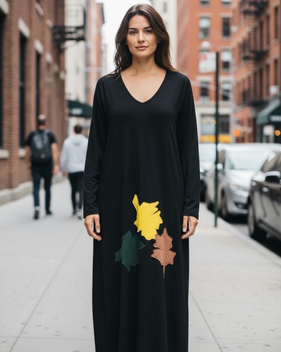 Φόρεμα μακρύ V λαιμόκοψη Χειροποίητο βαμβακερό 95% Ελαστάν 5% Πολύχρωμα Πλατανόφυλλα με Μακρύ Μανίκι 