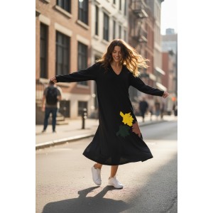 Φόρεμα μακρύ V λαιμόκοψη Χειροποίητο βαμβακερό 95% Ελαστάν 5% Πολύχρωμα Πλατανόφυλλα με Μακρύ Μανίκι 