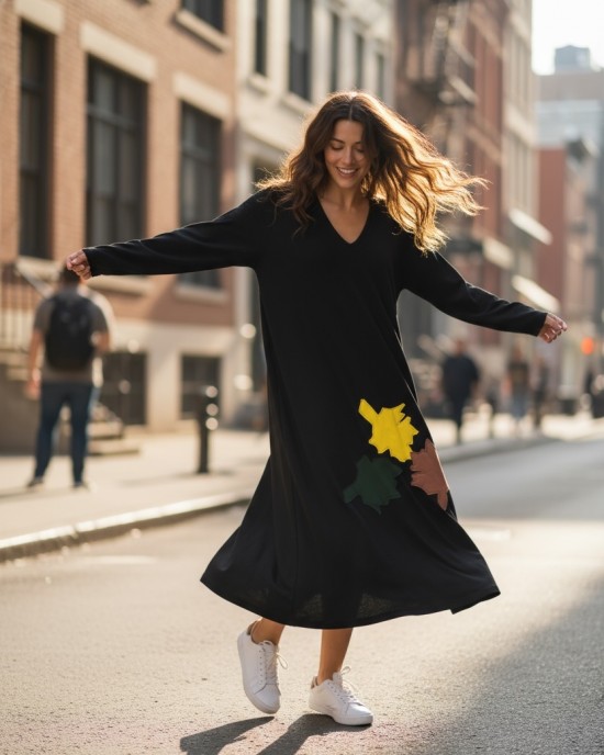 Φόρεμα μακρύ V λαιμόκοψη Χειροποίητο βαμβακερό 95% Ελαστάν 5% Πολύχρωμα Πλατανόφυλλα με Μακρύ Μανίκι 