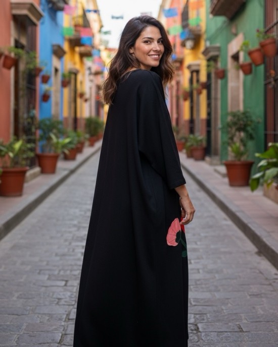 Φόρεμα μακρύ,  βαμβακερό 95% Ελαστάν 5%  με Μακρύ Μανίκι, μήκος 137εκ."Πολύχρωμα Λουλούδια του Χειμ΄ώνα 