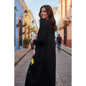 Φόρεμα μακρύ,  βαμβακερό 95% Ελαστάν 5%  με Μακρύ Μανίκι, μήκος 137εκ."Πολύχρωμα Λουλούδια του Χειμ΄ώνα 