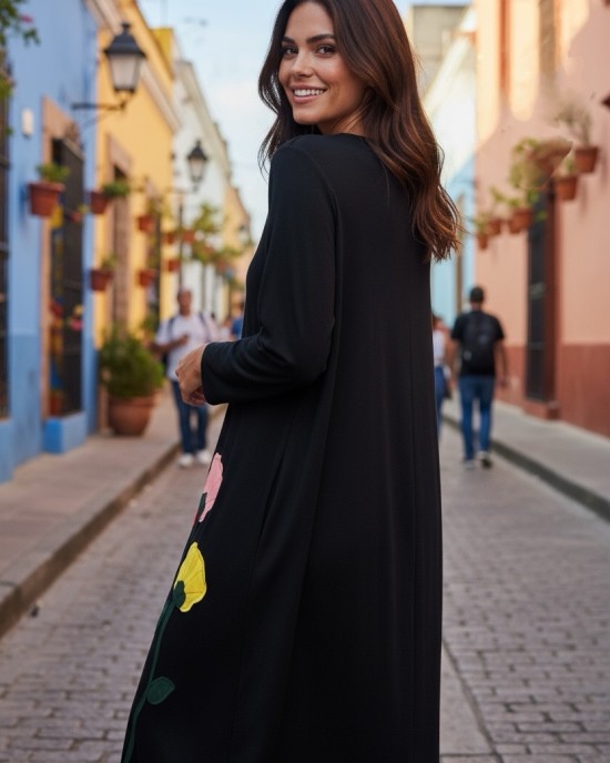 Φόρεμα μακρύ,  βαμβακερό 95% Ελαστάν 5%  με Μακρύ Μανίκι, μήκος 137εκ."Πολύχρωμα Λουλούδια του Χειμ΄ώνα 