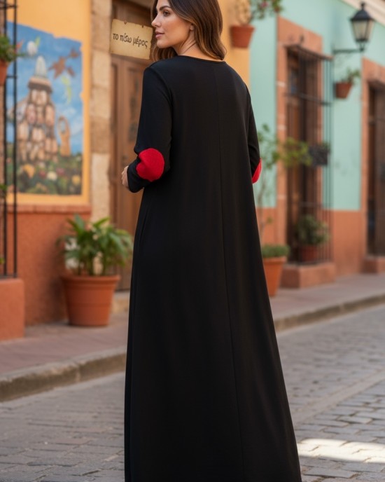 Φόρεμα μακρύ, μανίκι μακρύ, με V λαιμόκοψη, βαμβάκι95% ελαστάν 5%, χειροποίητη δημιρουργία με αγάπη "Χειμερινές Διαδρομές"