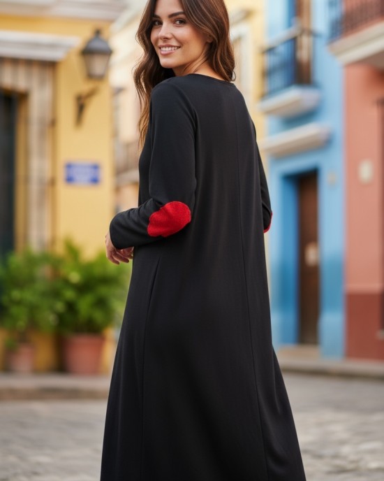 Φόρεμα μακρύ, μανίκι μακρύ, με V λαιμόκοψη, βαμβάκι95% ελαστάν 5%, χειροποίητη δημιρουργία με αγάπη "Χειμερινές Διαδρομές"