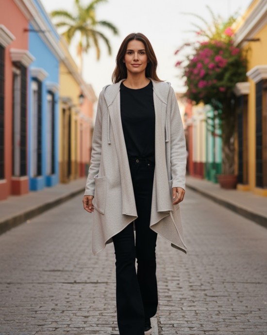 Πανωφόρι Midi, σε χρώμα γκρι ανοιχτό, ασύμμετρο, μήκος 100εκ, σε στυλ κάπας με μανίκι, Χειροποίητο με αγάπη, με Κουκούλα, Άνετο ζεστό, Φούτερ με χνούδι, με πλαϊνές τσέπες, ΧΩΡΙΣ φερμουάρ, σχέδιο Σπιτάκια πολύχρωμα