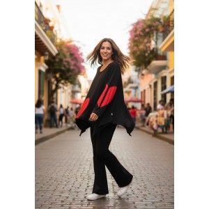 Μπλούζα με μακρύ μανίκι , ασύμμετρη, με μύτες στο τελείωμα, μήκος 65εκ., ύφασμα μπλούζας βαμβάκι 95% ελαστάν 5% με σχεδιο "Κόκκινες καρδιές"