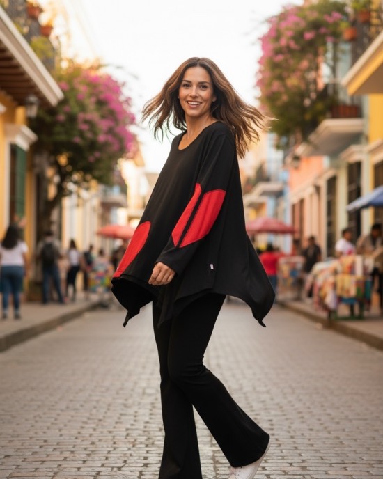 Μπλούζα με μακρύ μανίκι , ασύμμετρη, με μύτες στο τελείωμα, μήκος 65εκ., ύφασμα μπλούζας βαμβάκι 95% ελαστάν 5% με σχεδιο "Κόκκινες καρδιές"