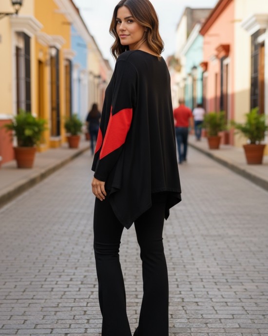 Μπλούζα με μακρύ μανίκι , ασύμμετρη, με μύτες στο τελείωμα, μήκος 65εκ., ύφασμα μπλούζας βαμβάκι 95% ελαστάν 5% με σχεδιο "Κόκκινες καρδιές"