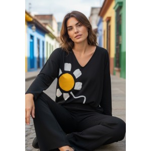 Μπλούζα με μακρύ μανίκι, V λαιμόκοψη, ύφασμα μπλούζας βαμβάκι 95% ελαστάν 5%,  "Λουλουδάκι μου