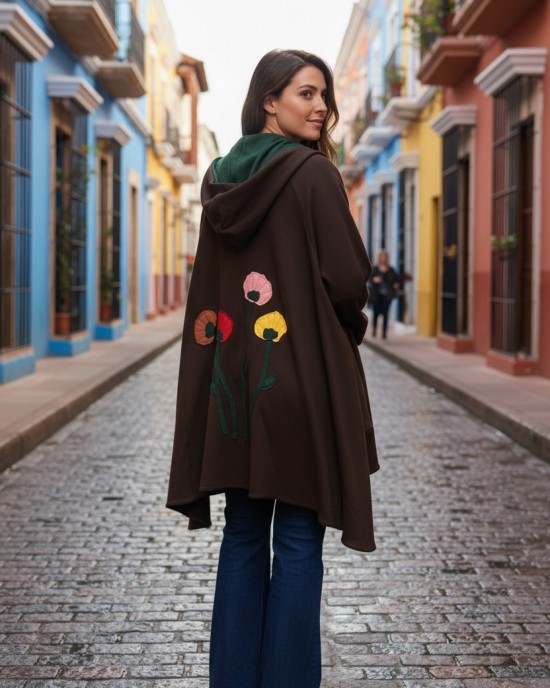 Νεο Ασύμμετρο Πανωφόρι Midi, καφέ, σε στυλ κάπας με μανίκι, Χειροποίητο με αγάπη, Άνετο ζεστό, Φούτερ με χνούδι, με πλαϊνές τσέπες, ΧΩΡΙΣ φερμουάρ,  "Υπέροχος κήπος"