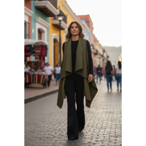 Αμάνικη Ζακέτα σε χρώμα χακί . Άνετο ζεστό, Φούτερ με χνούδι, Βαμβάκι100% , πλαϊνές τσέπες, σχέδιο φθινοπωρινό Τοπίο ¨Φύση¨