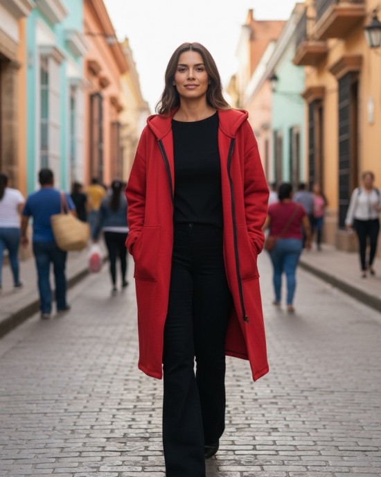 Πανωφόρι Midi, σε χρώμα μπορντό, Φούτερ με χνούδι, κλείνει μπροστά με φερμουάρ, Μήκος 100εκ., άνετο, ζεστό, με  τσέπες, με κουκούλα "Φθινοπωρινή Βόλτα"