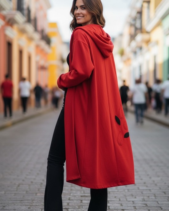 Πανωφόρι Midi, σε χρώμα μπορντό, Φούτερ με χνούδι, κλείνει μπροστά με φερμουάρ, Μήκος 100εκ., άνετο, ζεστό, με  τσέπες, με κουκούλα "Φθινοπωρινή Βόλτα"