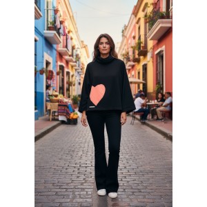 Μπλούζα με μακρύ άνετο ρεγκλάν Μανίκι, με ντραπέ λαιμό, ύφασμα μπλούζας βαμβάκι 95% ελαστάν 5%, σχέδιο ΡΟΖ ΚΑΡΔΙΑ 