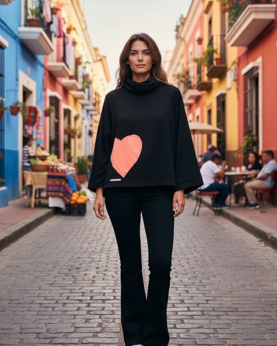 Μπλούζα με μακρύ άνετο ρεγκλάν Μανίκι, με ντραπέ λαιμό, ύφασμα μπλούζας βαμβάκι 95% ελαστάν 5%, σχέδιο ΡΟΖ ΚΑΡΔΙΑ 