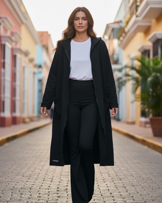 Πανωφόρι Φούτερ με χνούδι, μήκος 120εκ., Mαύρο Μακρύ με φερμουάρ, με επιλογή στο χρώμα της κουκούλας, με τσέπες, άνετη γραμμή 