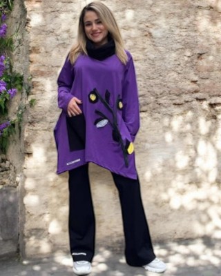 Μπλουζοφόρεμα μωβ, τσέπη, με λαιμό, βαμβάκι 95% ελασταν 5%,  μικρά πλαϊνά ανοίγματα στο τελείωμα, μήκος 70εκ. σχέδιο Δεντράκι 