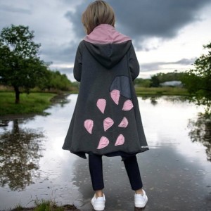 Πανωφόρι Midi, γκρι σκούρο ασύμμετρο, σε στυλ κάπας με μανίκι, Χειροποίητο με αγάπη, με Κουκούλα, Άνετο ζεστό, Φούτερ με χνούδι, με πλαϊνές τσέπες, ΧΩΡΙΣ φερμουάρ, Σύννεφο και σταγόνες