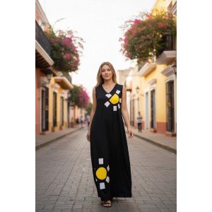Φόρεμα μακρύ, αμάνικο, με V, μήκος από τον ώμο 135εκ., άνετο και δροσερό βαμβάκι 100%, με σχέδιο Υπέροχες Μαργαρίτες