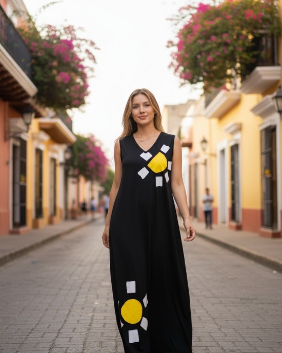 Φόρεμα μακρύ, αμάνικο, με V, μήκος από τον ώμο 135εκ., άνετο και δροσερό βαμβάκι 100%, με σχέδιο Υπέροχες Μαργαρίτες