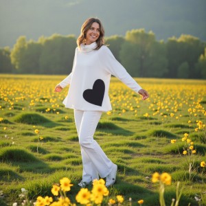 Άσπρη Μπλούζα, μακρύ άνετο ρεγκλάν Μανίκι, ντραπέ λαιμό, Μήκος 65εκ. από ώμο, ύφασμα interlock ΄σύνθεση βαμβάκι100% , Σχέδιο τζιν καρδιά 