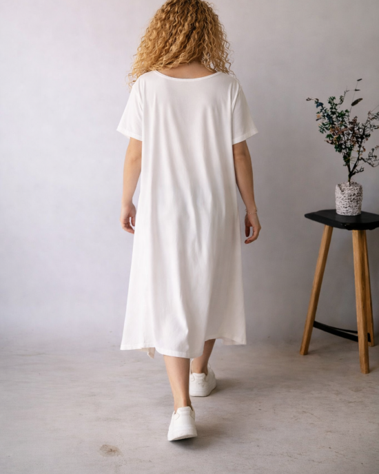 Φόρεμα Midi, Φόρεμα midi,στρόγγυλη λαιμόκοψη, κοντό μανίκι, μήκος 110εκ από ώμο, Βαμβάκι 100%, με σχέδιο Γκρι αστερία 