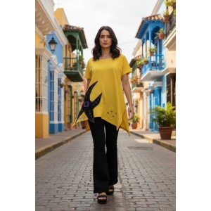 Mπλουζοφόρεμα κίτρινο, με κοντό μανίκι, σύνθεση υφάσματος βαμβάκι 100%, μήκος από ώμο 70εκ. με σχέδιο Aστερίας