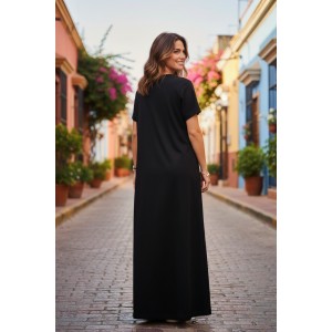 Φόρεμα μακρύ, κοντό μανίκι, Βαμβακερό 100%,  Καλοκαιρινό δροσερό άνετο Λευκό & Μαύρο 