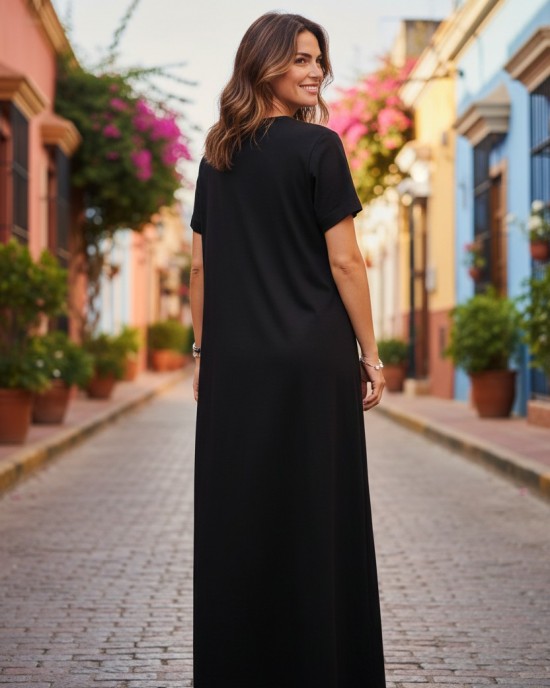 Φόρεμα μακρύ, κοντό μανίκι, Βαμβακερό 100%,  Καλοκαιρινό δροσερό άνετο Λευκό & Μαύρο 