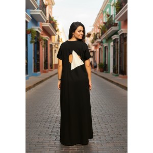 Μακρύ μαύρο φόρεμα, με κοντό μανίκι, στρόγγυλη λαιμόκοψη, Βαμβάκι 100%, με σχέδιο ψάρι και άνοιγμα στην πλάτη