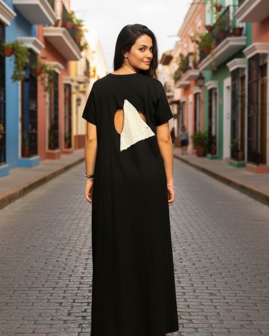 Μακρύ μαύρο φόρεμα, με κοντό μανίκι, στρόγγυλη λαιμόκοψη, Βαμβάκι 100%, με σχέδιο ψάρι και άνοιγμα στην πλάτη