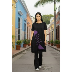 Mπλουζοφόρεμα ασύμμετρο, Μήκος από τον ώμο 80εκ μπροστινό μέρος και το πίσω μέρος 90εκ. με κοντό μανίκι βαμβάκι 100%, με σχέδιο μωβ ψαροκόκαλο 